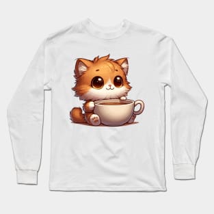 Cozy Kitten in Coffee Cup: Purr-fect Morning Illustration Long Sleeve T-Shirt